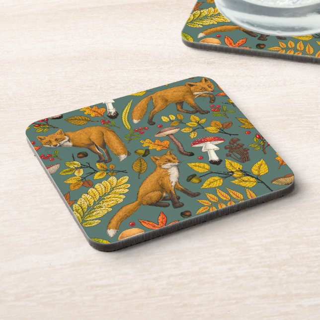 Autumn foxes on pine green coaster (Left Side)