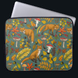 Autumn foxes on pine green laptop sleeve<br><div class="desc">Hand-painted autumn woodland fauna and flora- foxes,  forest leaves,  mushrooms and berries</div>