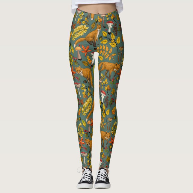Autumn foxes on pine green leggings (Front)