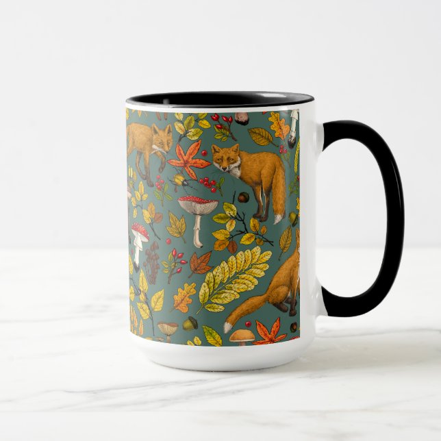 Autumn foxes on pine green mug (Right)