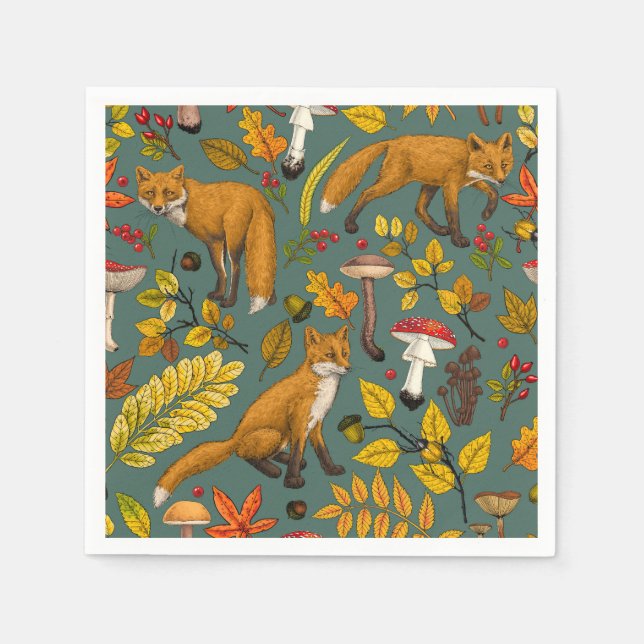 Autumn foxes on pine green napkin (Front)