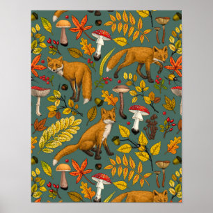 Autumn foxes on pine green poster