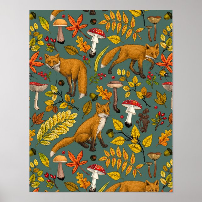 Autumn foxes on pine green poster (Front)