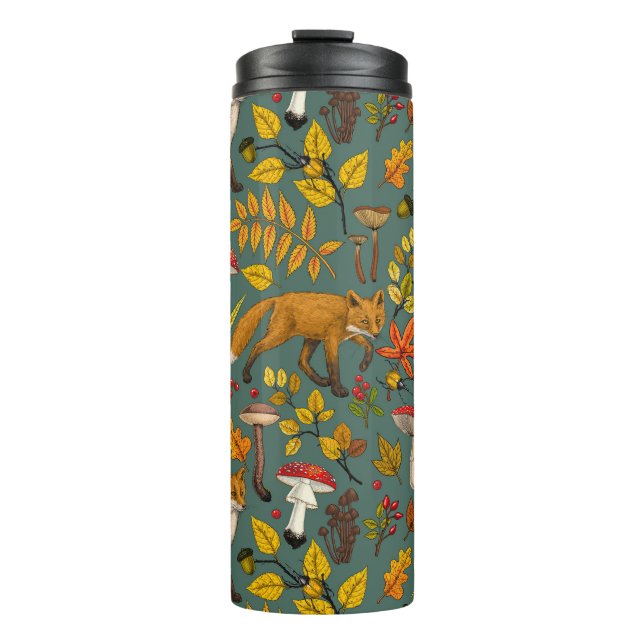 Autumn foxes on pine green thermal tumbler (Front)