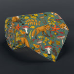 Autumn foxes on pine green tie<br><div class="desc">Hand-painted autumn woodland fauna and flora- foxes,  forest leaves,  mushrooms and berries</div>
