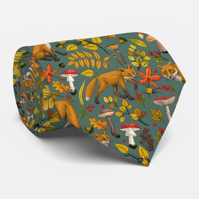 Autumn foxes on pine green tie (Rolled)
