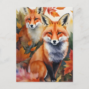 Autumn Foxes Watercolor Postcard