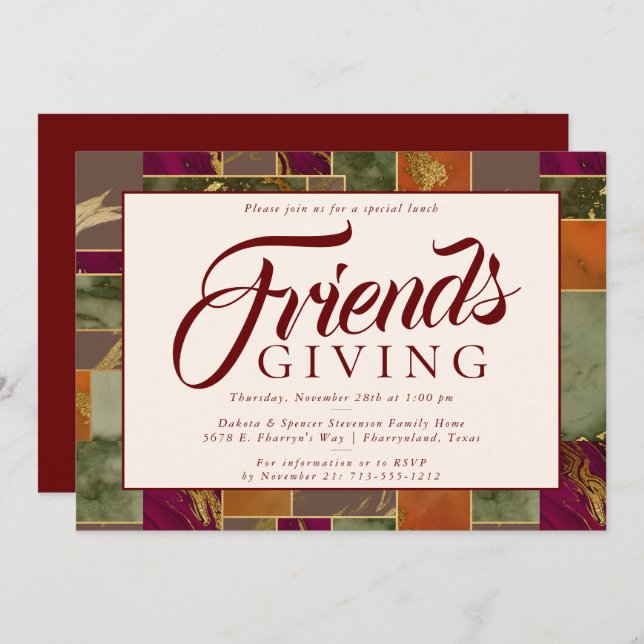 Autumn Friendsgiving Gold Burgundy Marble Dinner Invitation (Front/Back)