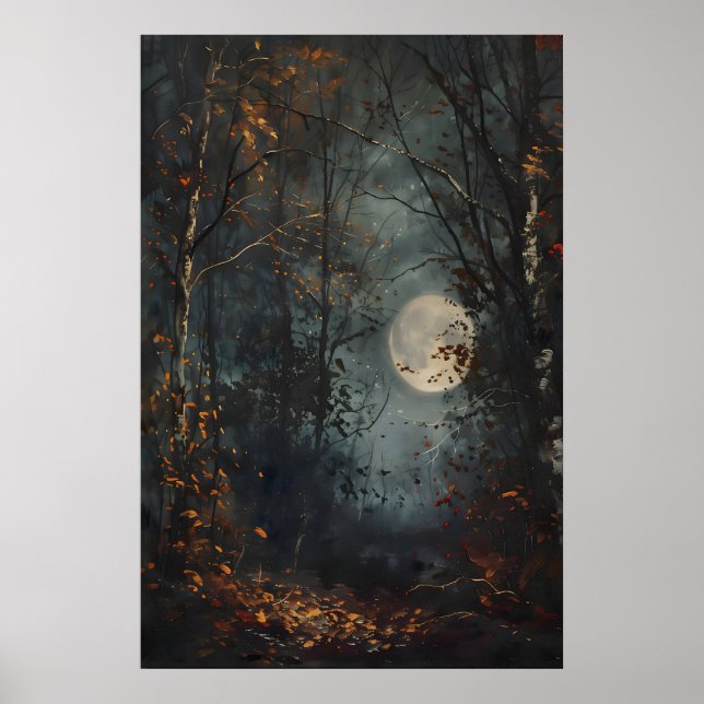 Autumn Full Moon Dark Forest Art Print, Dark Cotta Poster (Front)