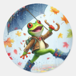 Autumn Funny T-shirt Frog in the rain Classic Round Sticker