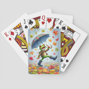 Autumn Funny T-shirt Frog in the rain Playing Cards