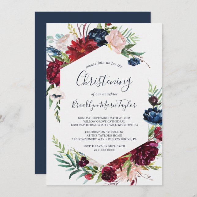 Autumn Garden | Burgundy Christening Invitation (Front/Back)