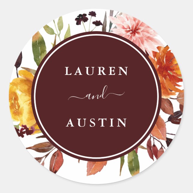 Autumn Garden Burgundy Watercolor Wedding Classic Round Sticker (Front)