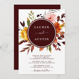Autumn Garden Burgundy Watercolor Wedding Invitation