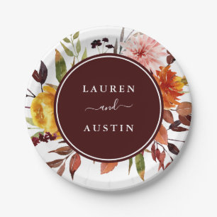 Autumn Garden Burgundy Watercolor Wedding Paper Plate
