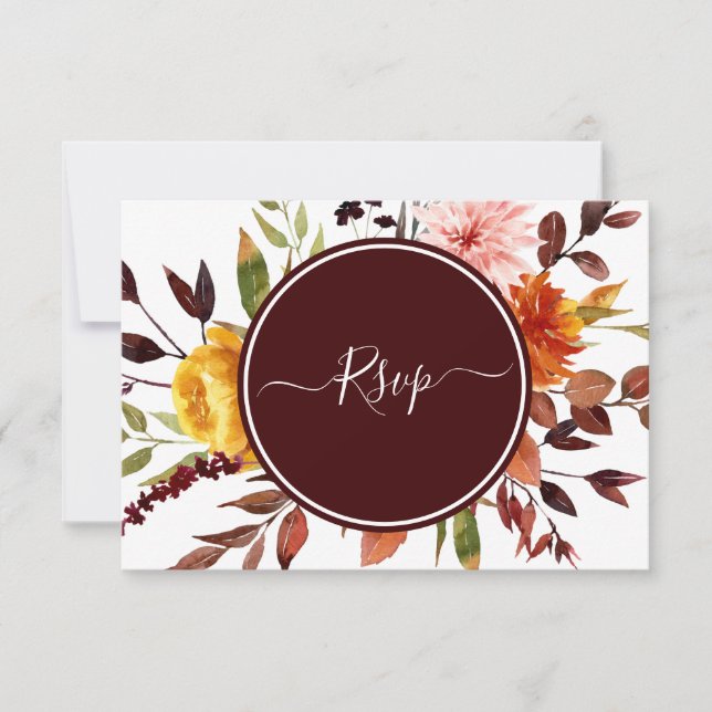 Autumn Garden Burgundy Watercolor Wedding RSVP Card (Front)