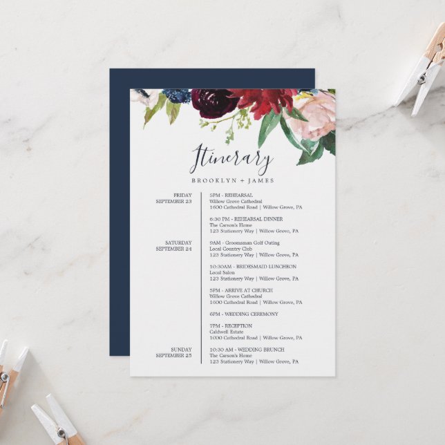 Autumn Garden Burgundy Wedding Itinerary Card (Front/Back In Situ)