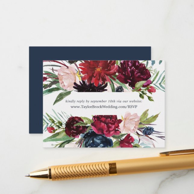 Autumn Garden | Burgundy Wedding Website RSVP Enclosure Card (Front/Back In Situ)