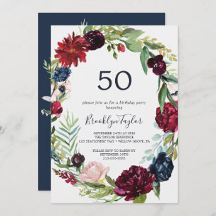 Autumn Garden   Burgundy Wreath 50th Birthday Invitation