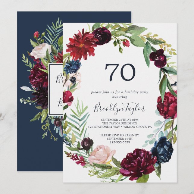 Autumn Garden | Burgundy Wreath 70th Birthday Invitation (Front/Back)