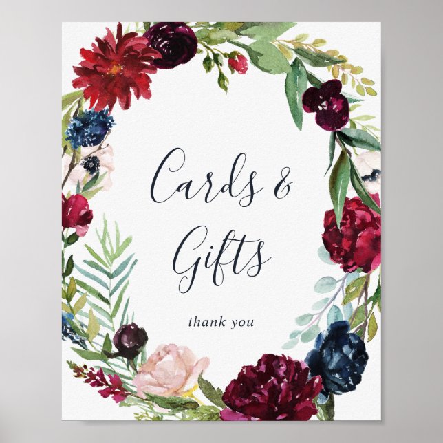 Autumn Garden Burgundy Wreath Cards and Gifts Sign (Front)