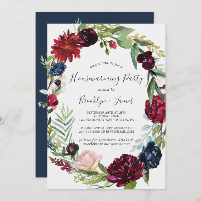 Autumn Garden | Burgundy Wreath Housewarming Party Invitation (Front/Back)