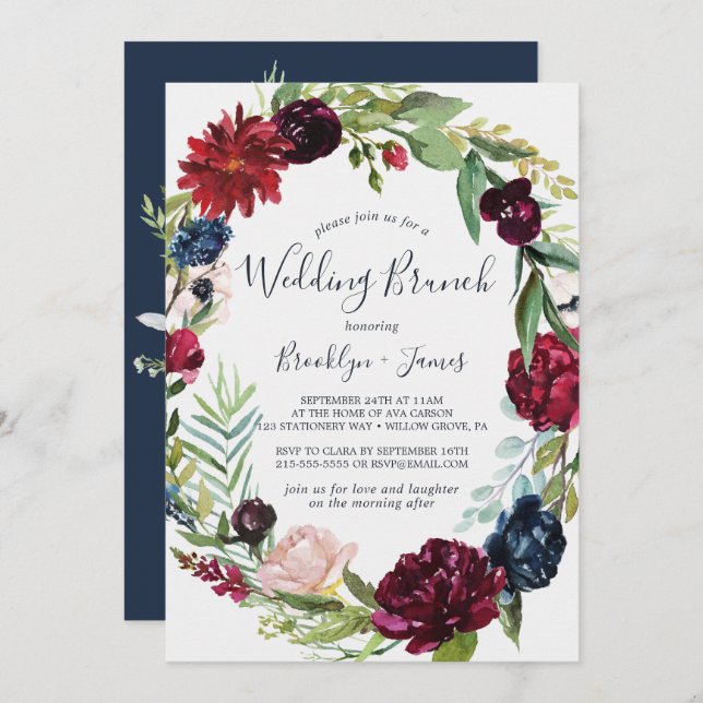 Autumn Garden | Burgundy Wreath Wedding Brunch Invitation (Front/Back)