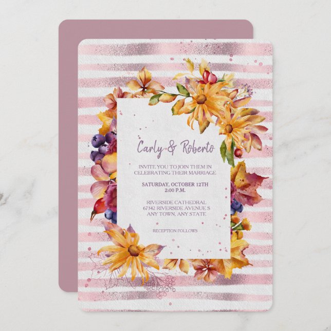 Autumn Garden Frame Pink Stripe Wedding Invitation (Front/Back)