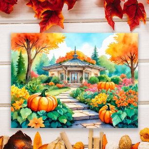 Autumn Garden House with Pumpkins Wall Poster