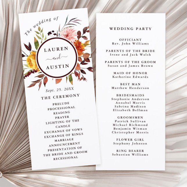 Autumn Garden Marsala Watercolor Wedding Program (Front & Back)