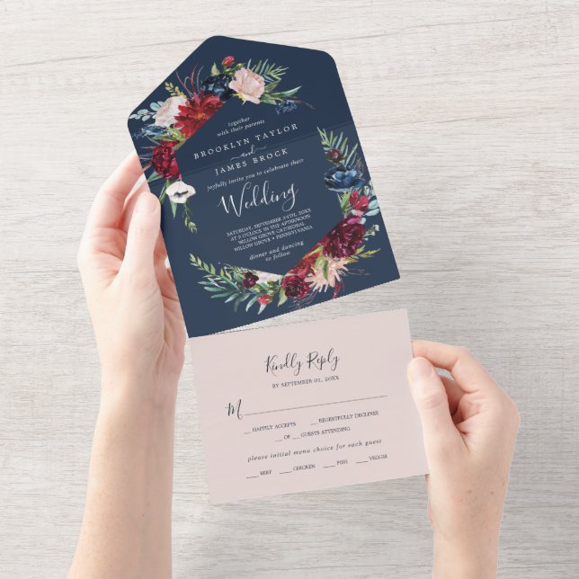 Autumn Garden | Navy Blue Wedding All In One Invitation (Tearaway)