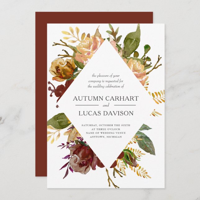 Autumn Garden Rustic Floral Diamond Wedding Invitation (Front/Back)