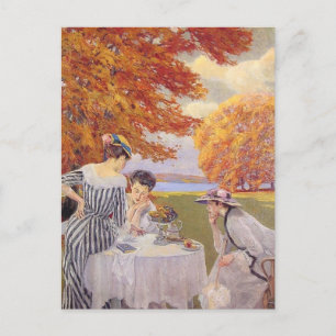 Autumn Garden Tea Party Vintage Art Postcard