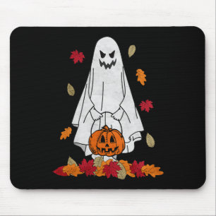 Autumn Ghost With Pumpkin Halloween Fall Leaves Tr Mouse Pad