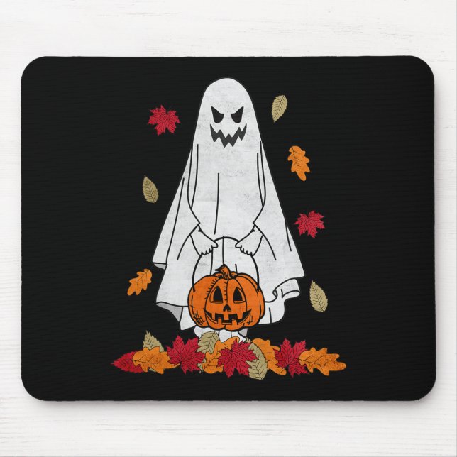 Autumn Ghost With Pumpkin Halloween Fall Leaves Tr Mouse Pad (Front)