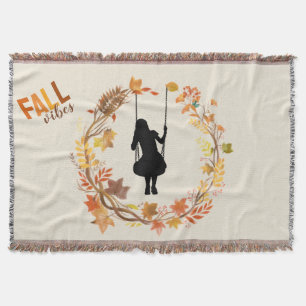 Autumn Girl on Swing Graphic _Fall Leaf  Throw Blanket