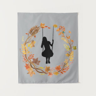 Autumn Girl on Swing Graphic _Fall Leaf W Tapestry