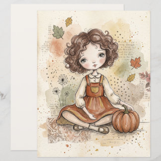 Autumn Girl with Pumpkin Art Paper | Fall Woodland