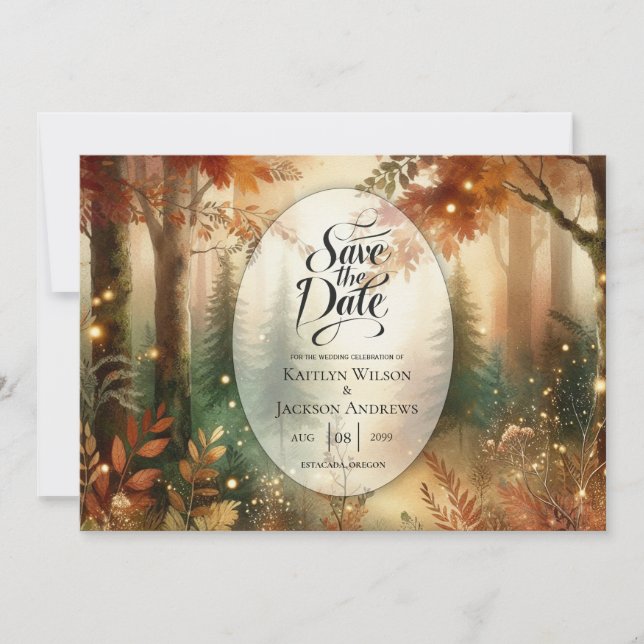 Autumn Glow in the Enchanted Forest Wedding Save The Date (Front)