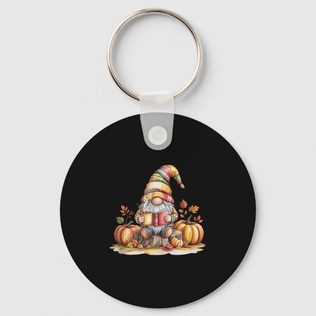 Autumn Gnome Reading Book With Pumpkins Fall Tank  Key Ring (Front)