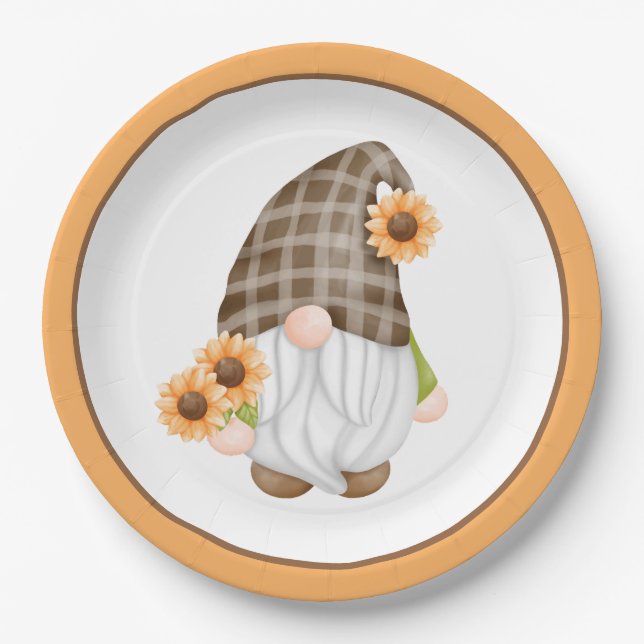 Autumn Gnome with Orange Sunflowers Paper Plate (Front)