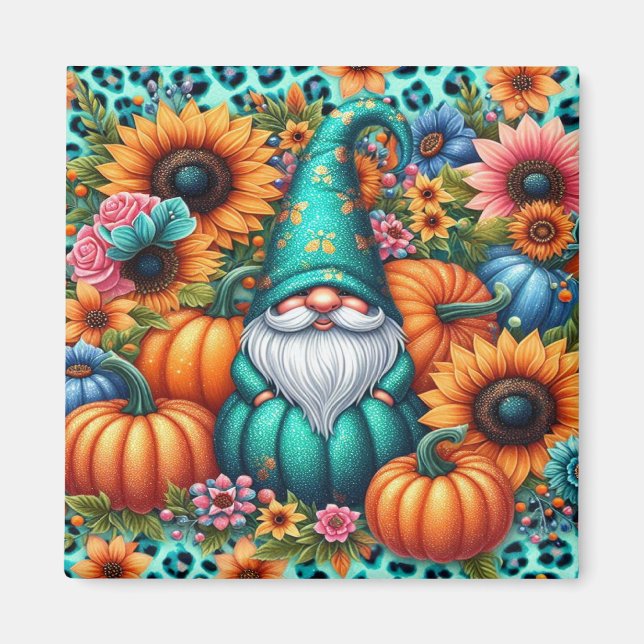 Autumn Gnome With Vibrant Pumpkins and Flowers Magnet (Front)