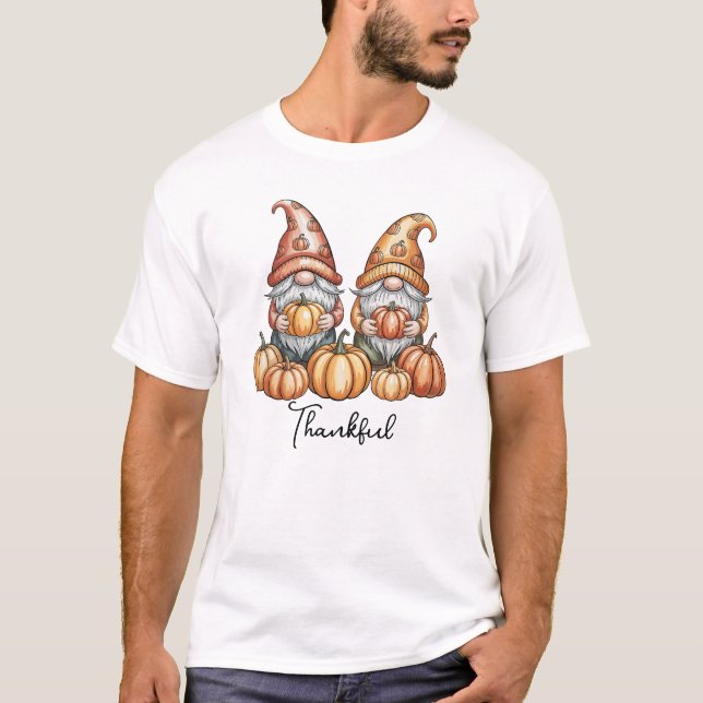 Autumn Gnomes with Pumpkins Cute Fall Thanksgiving T-Shirt (Front)