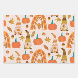 Autumn Gnomes with Rainbow and Fall Leaves Wrapping Paper Sheet