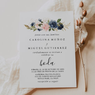 Autumn Gold Blue Pink Flowers Boda Wedding Invitation