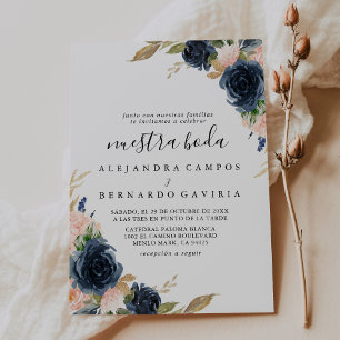 Autumn Gold Blue Pink Flowers Nuestra Boda  Invitation