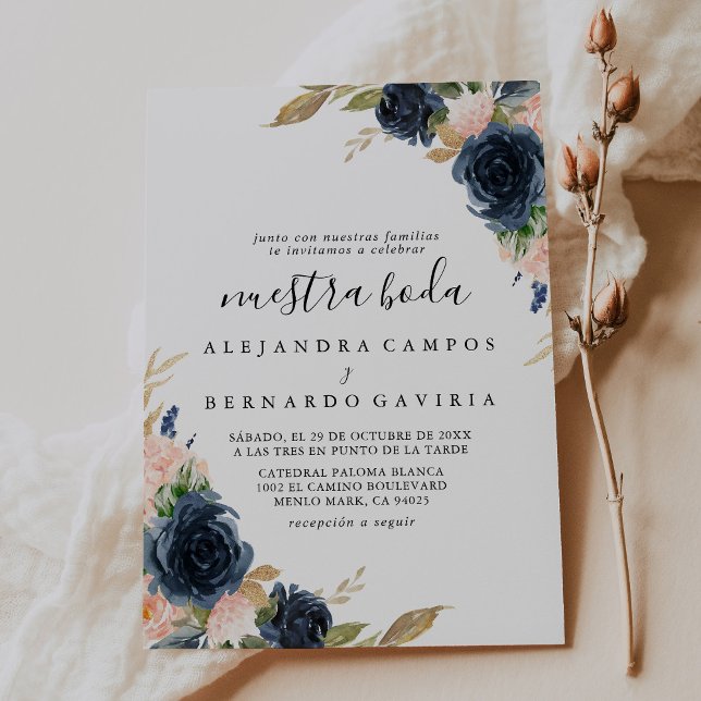 Autumn Gold Blue Pink Flowers Nuestra Boda  Invitation (Creator Uploaded)