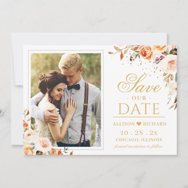 Autumn Gold Floral Bohemian Chic Photo Wedding Save The Date (Front)