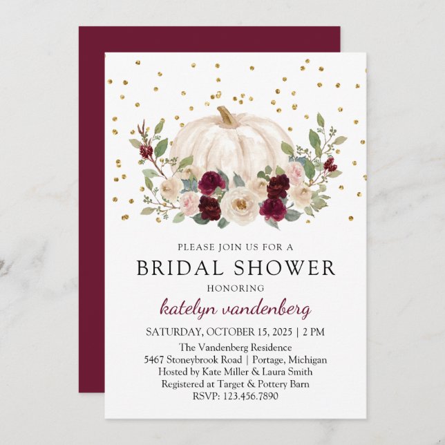 Autumn Gold Floral Burgundy White Bridal Shower Invitation (Front/Back)