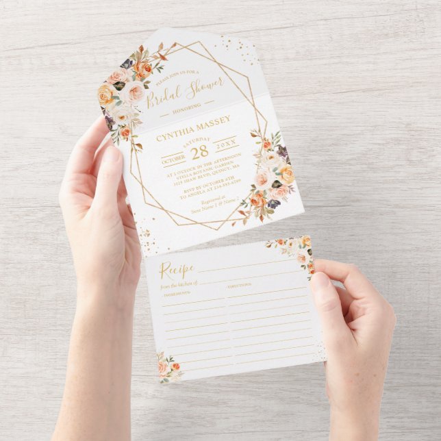 Autumn Gold Floral Geometric Bridal Shower Recipe All In One Invitation (Tearaway)